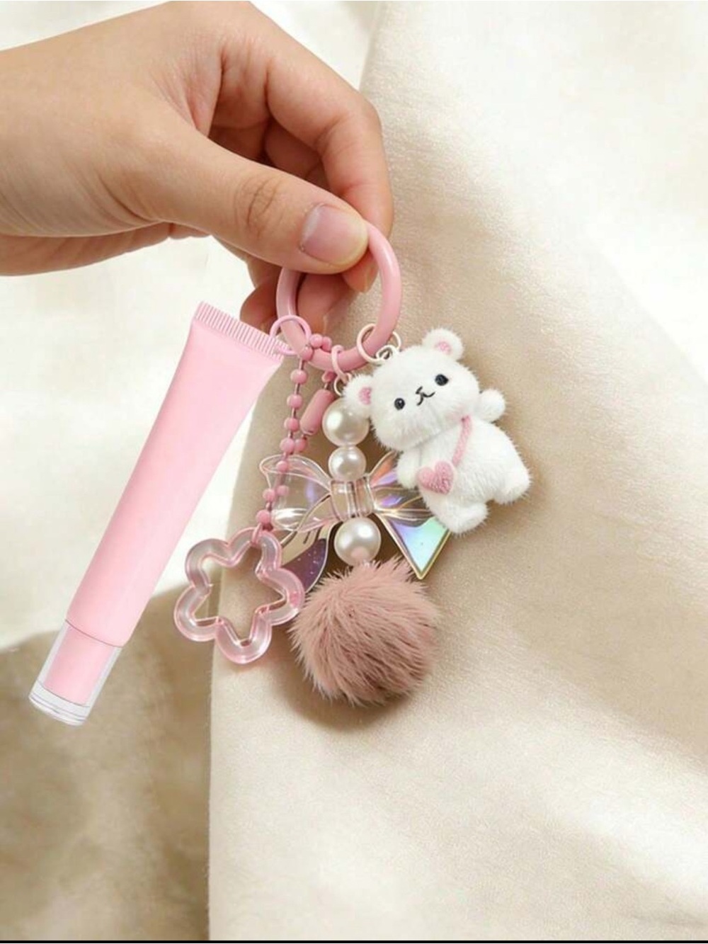 2/$25 Japan Pink Cute Bear Pom-Pom Keychain with refillable lipstick. - Picture 3 of 3